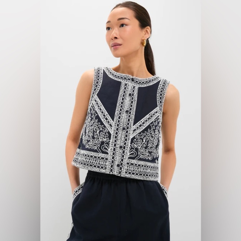 Tuckernuck Navy and White Embroidered Crop Tank